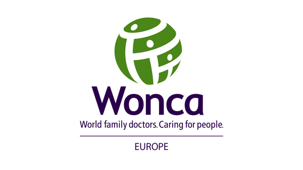 Das Wonca Europe Logo zeigt eine grüne, stilisierte Weltkugel mit dem Slogan "World family doctors. Caring for people."